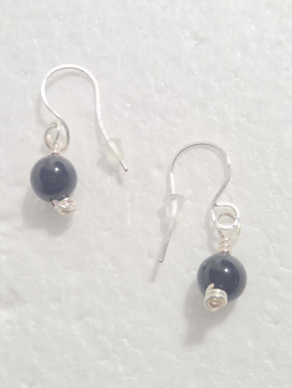 Handcrafted Silver And Black Tourmaline Bead Hook Earrings